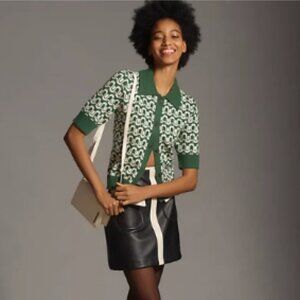 ANTHROPOLOGIE - Maeve Collared Cropped Cardigan Sweater In MCM Green Pattern, XS